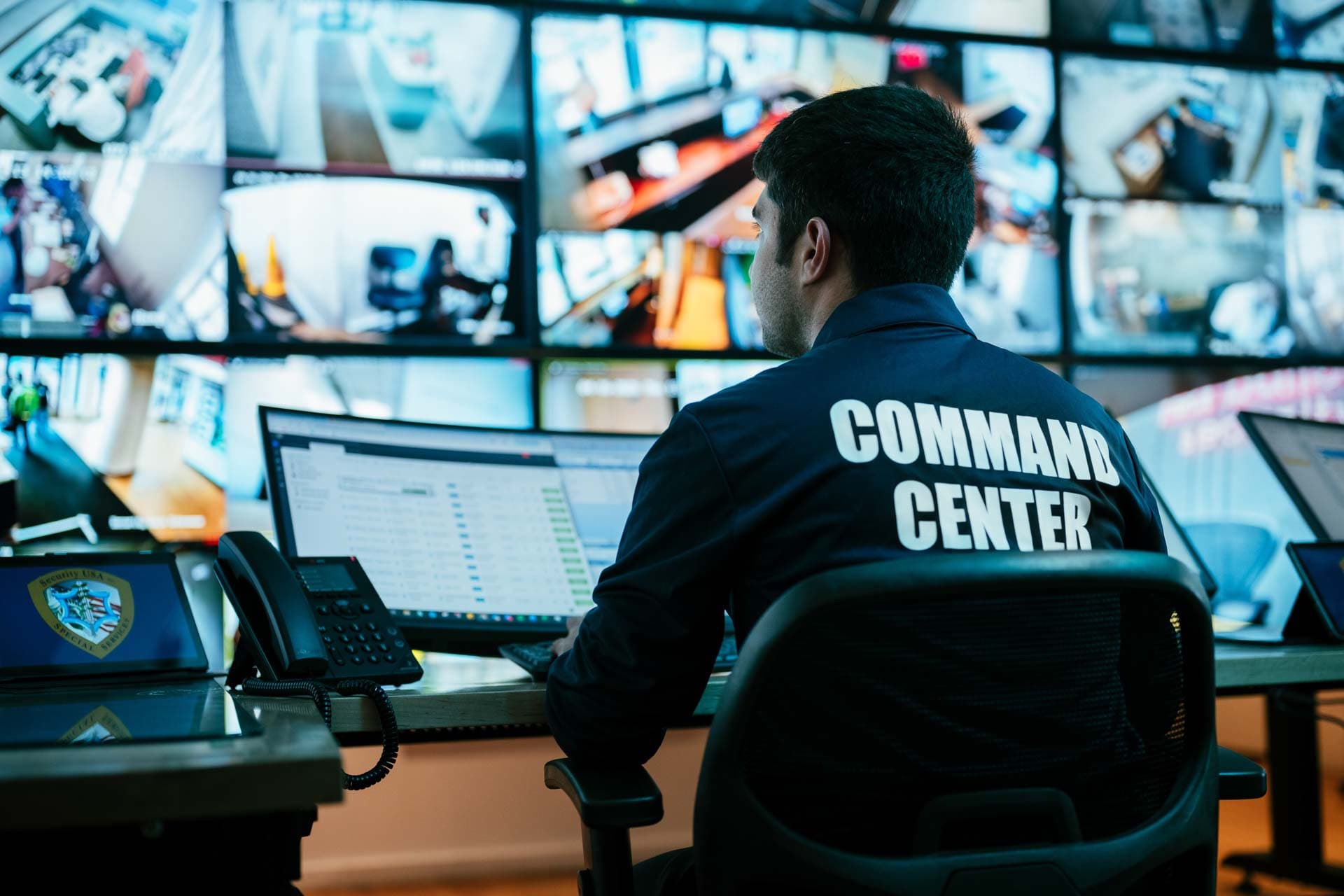 Security analyst monitoring live feeds in a command center