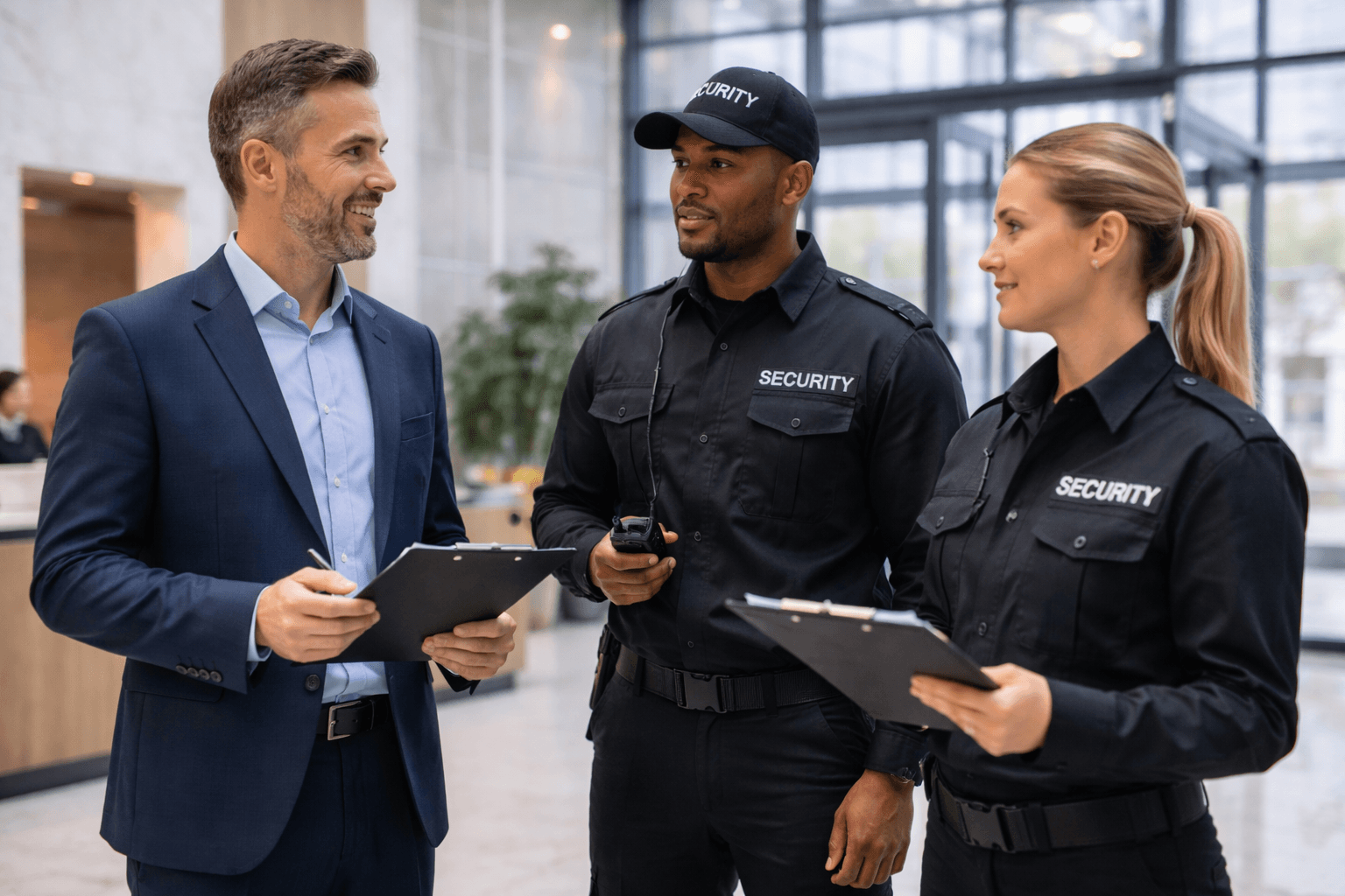 Security team monitoring operations in busy commercial building lobby