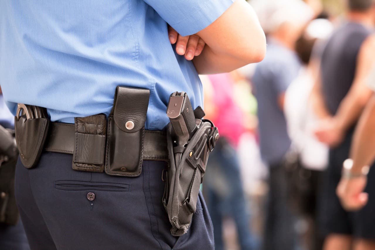 A picture of an armed security officer guarding a property or event