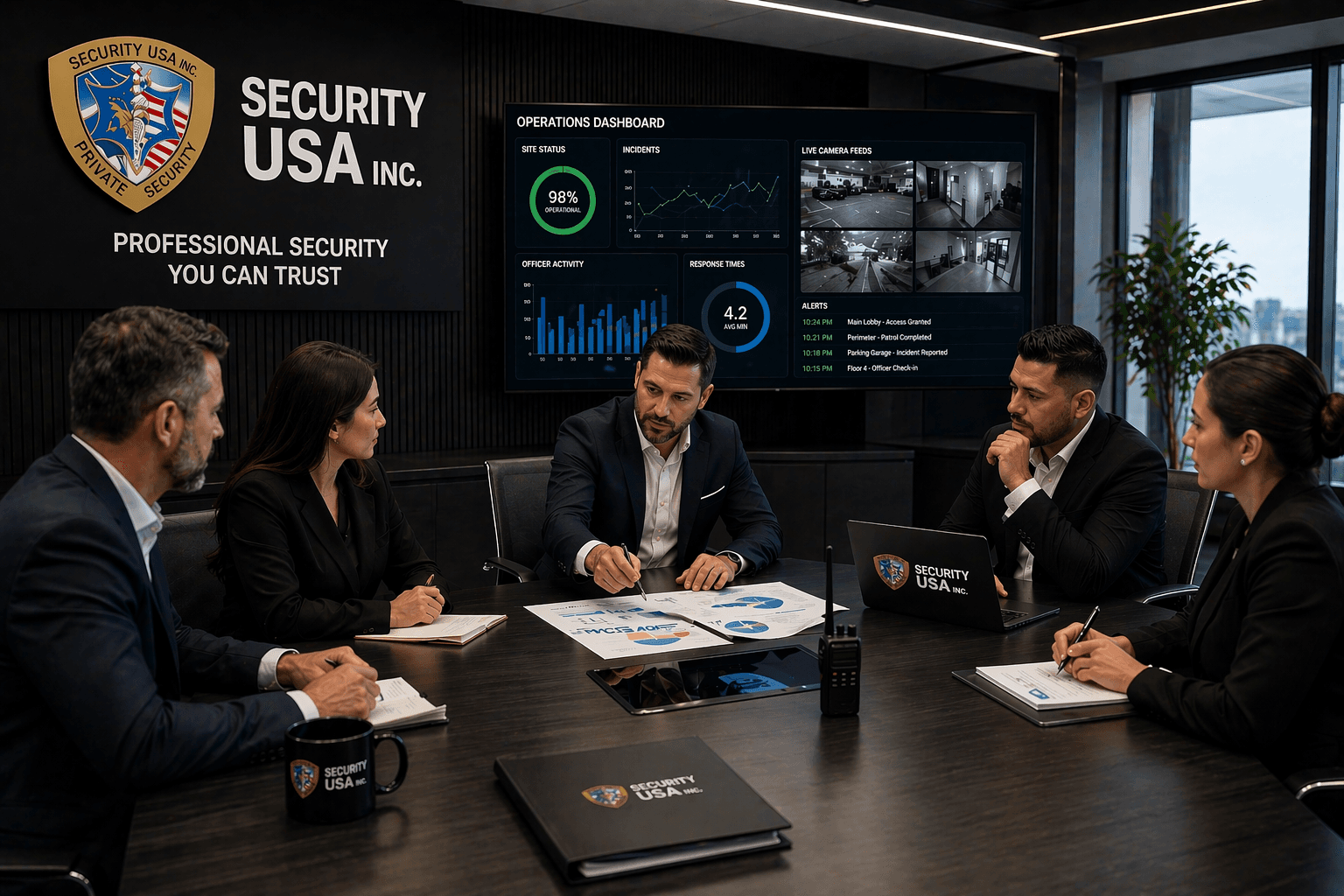 Image of security company executive team reviewing operations and performance in modern boardroom.