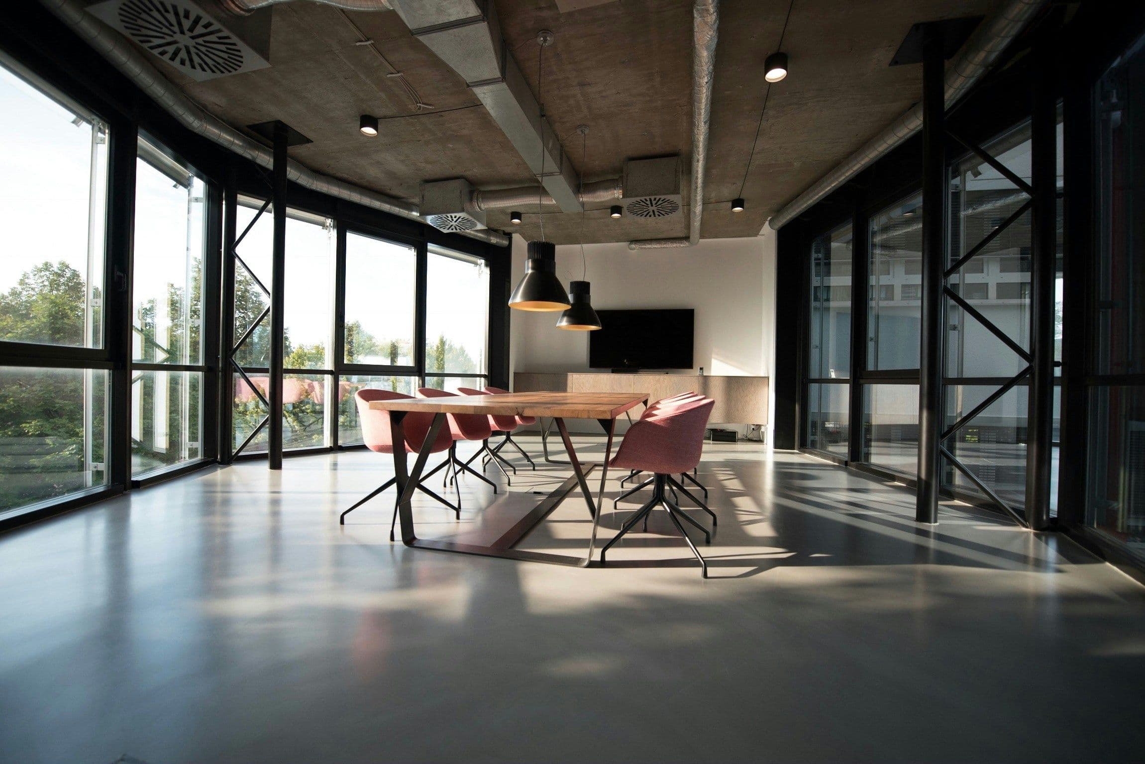 A meeting room in an office buildling. 