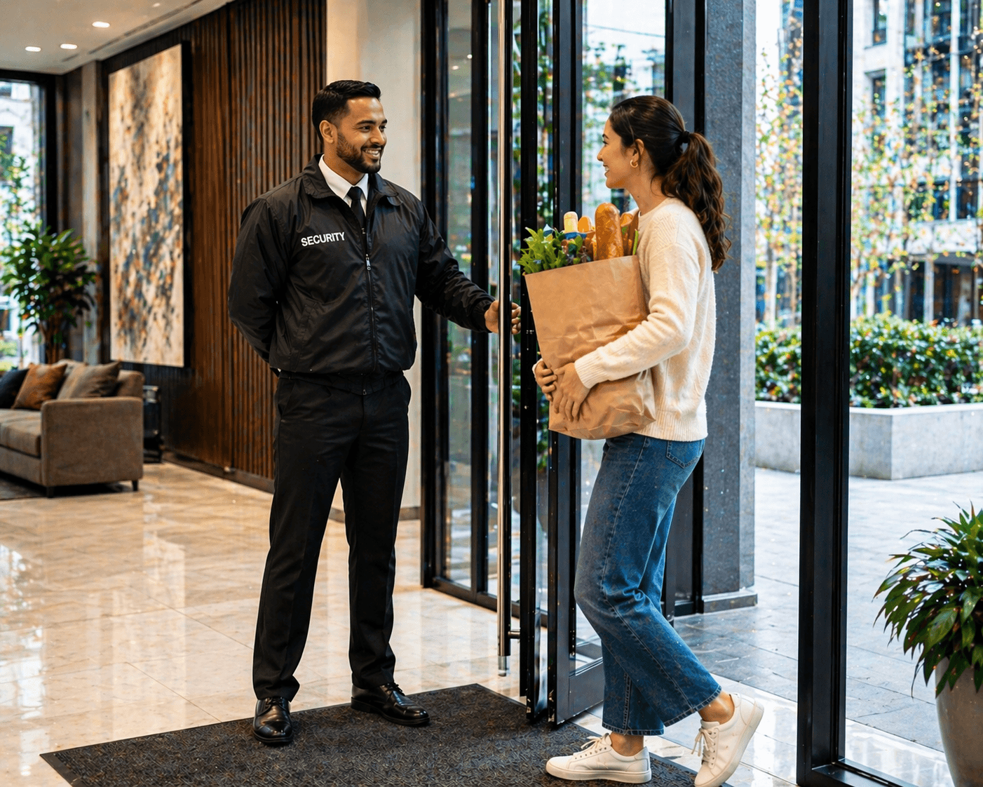 Image of security guard assisting resident in residential building lobby with friendly interaction.