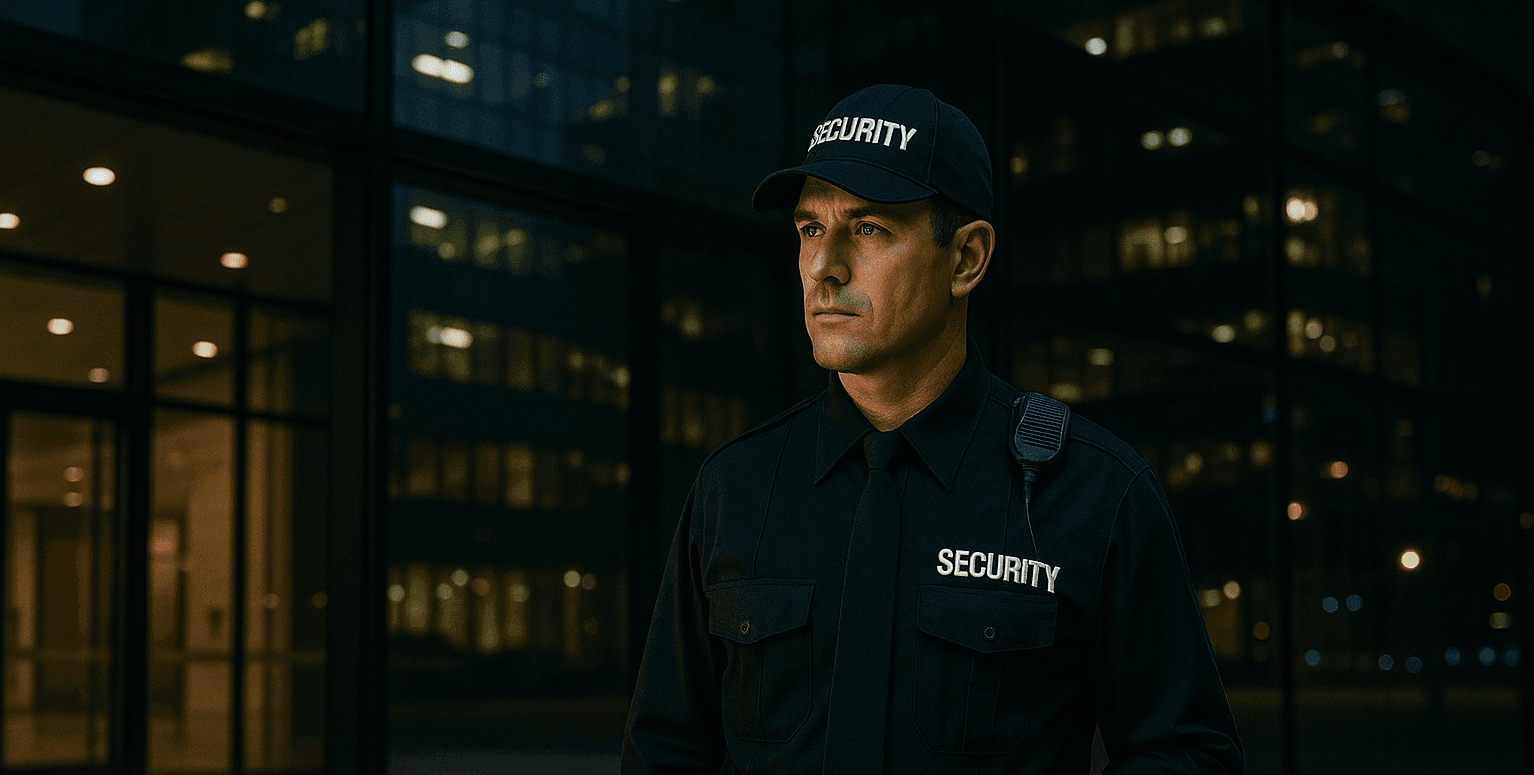 a picture of a security guard protecting a commerical building at night