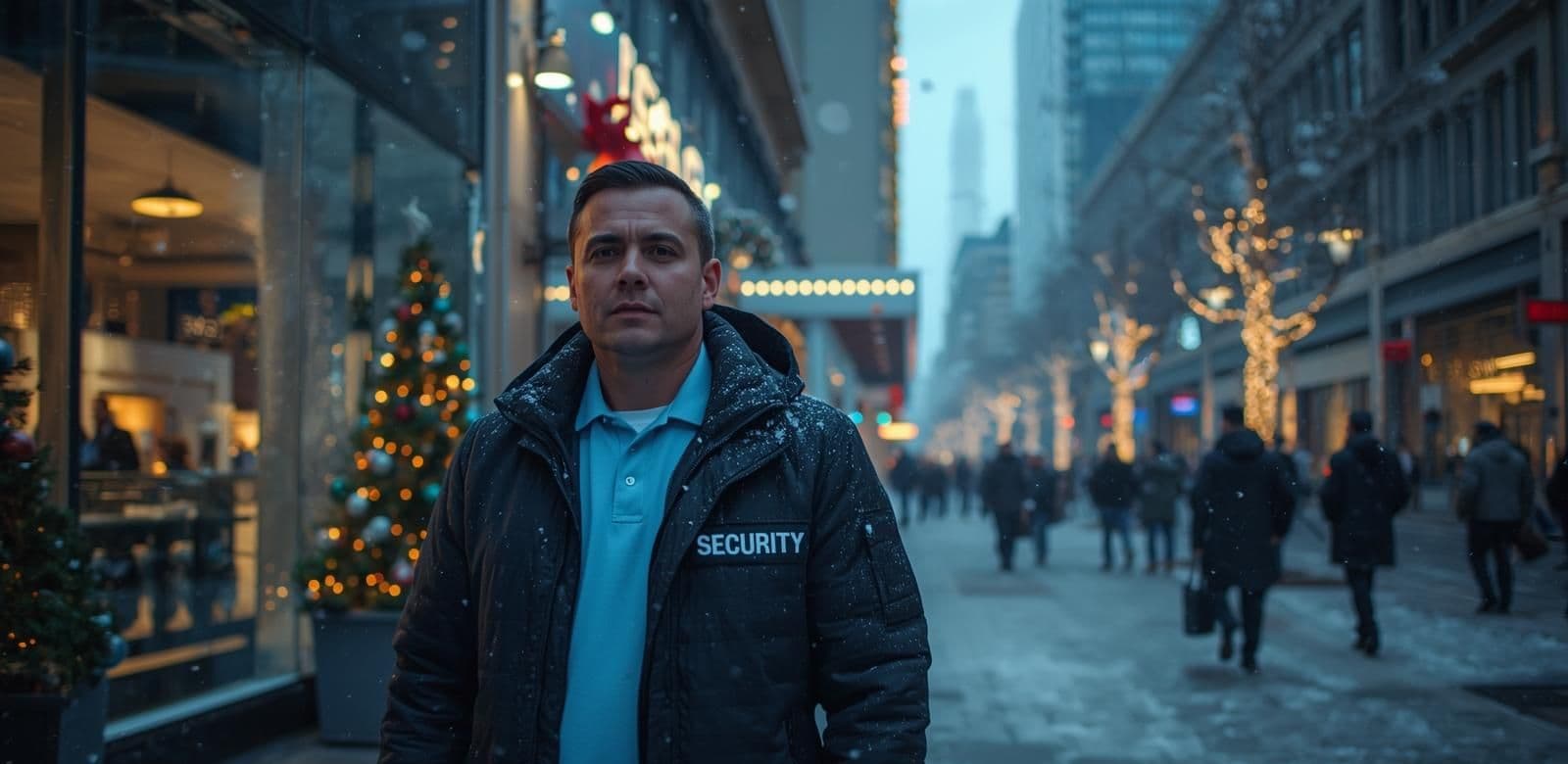 A professional holiday-season security security guard stands confidently in front of a retail store