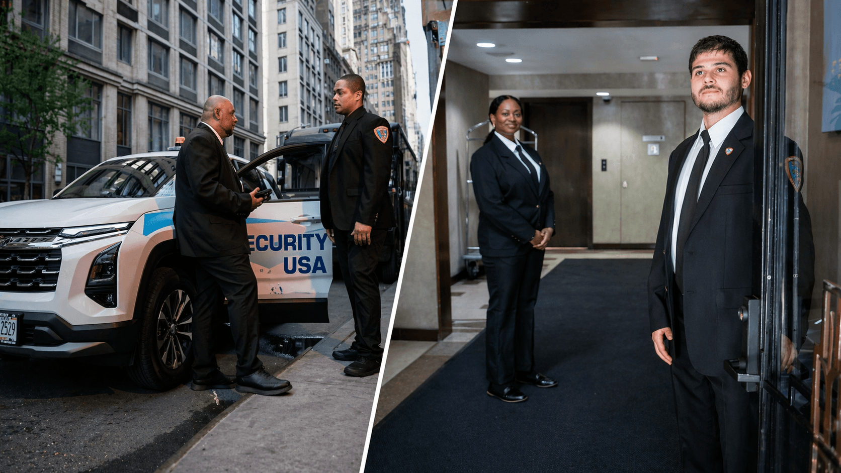 Split image of doorman and concierge in a residential building and security guards patrolling the area.