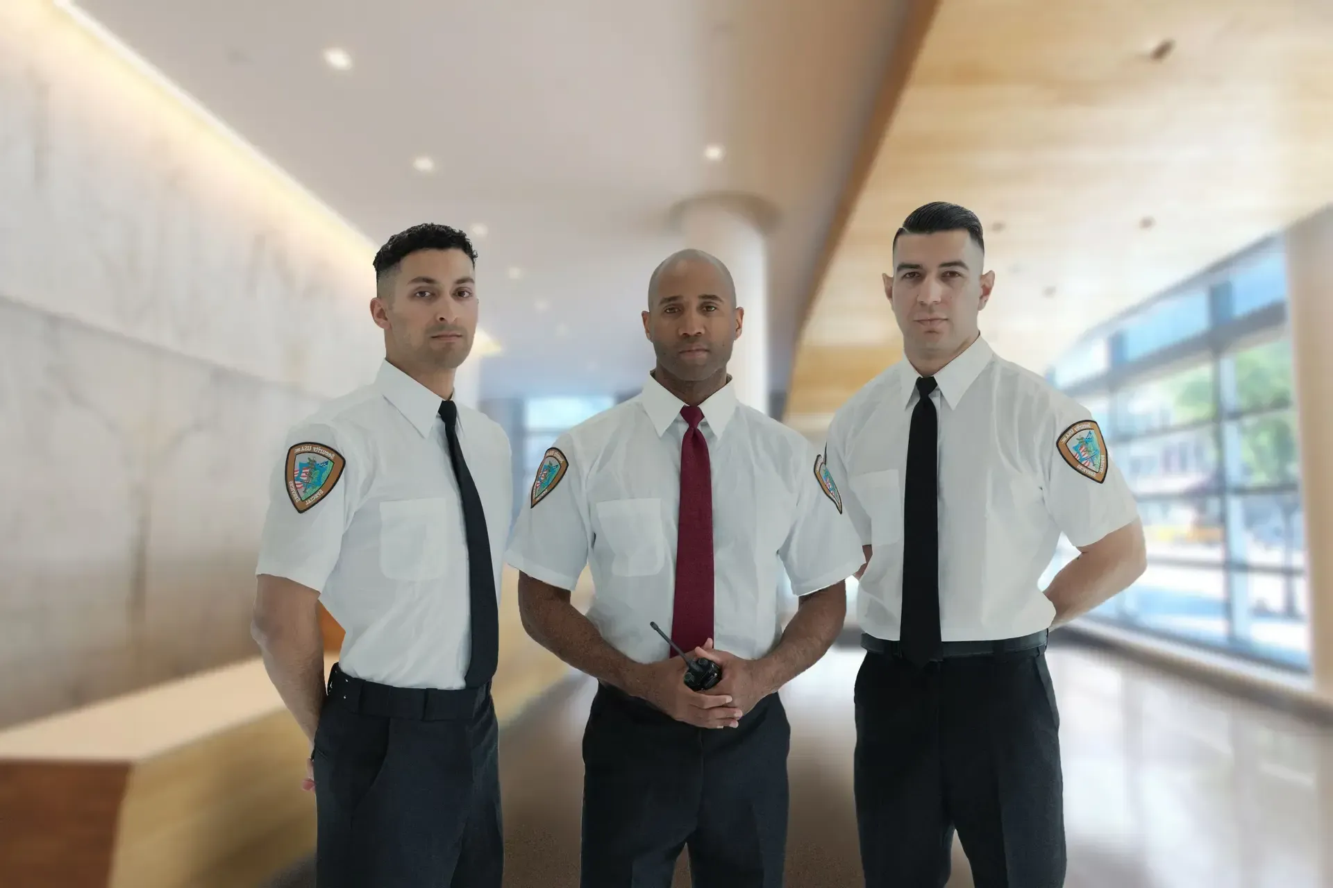 Three security USA guards in a lobby. 