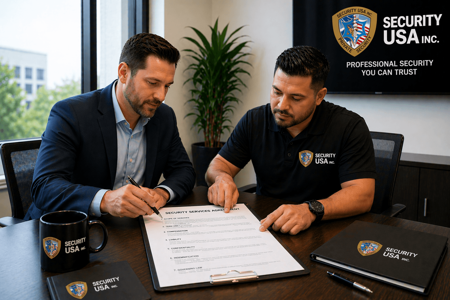 Image of a property manager reviewing a security contract with a Security USA® supervisor in office setting.