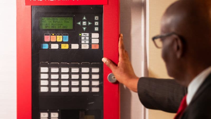Image of a fire alarm control panel.