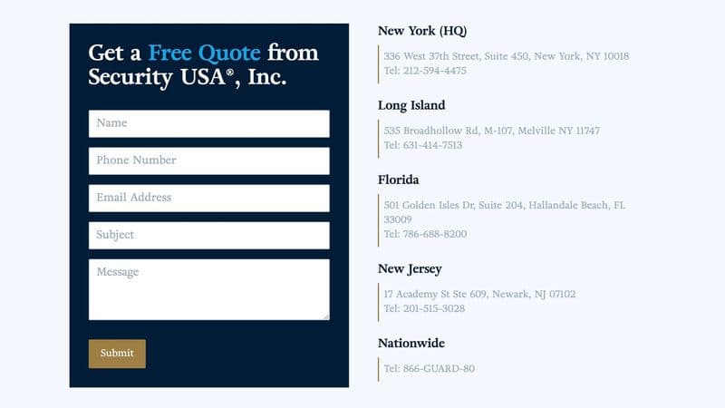 Screenshot of Security USA®'s contact form.