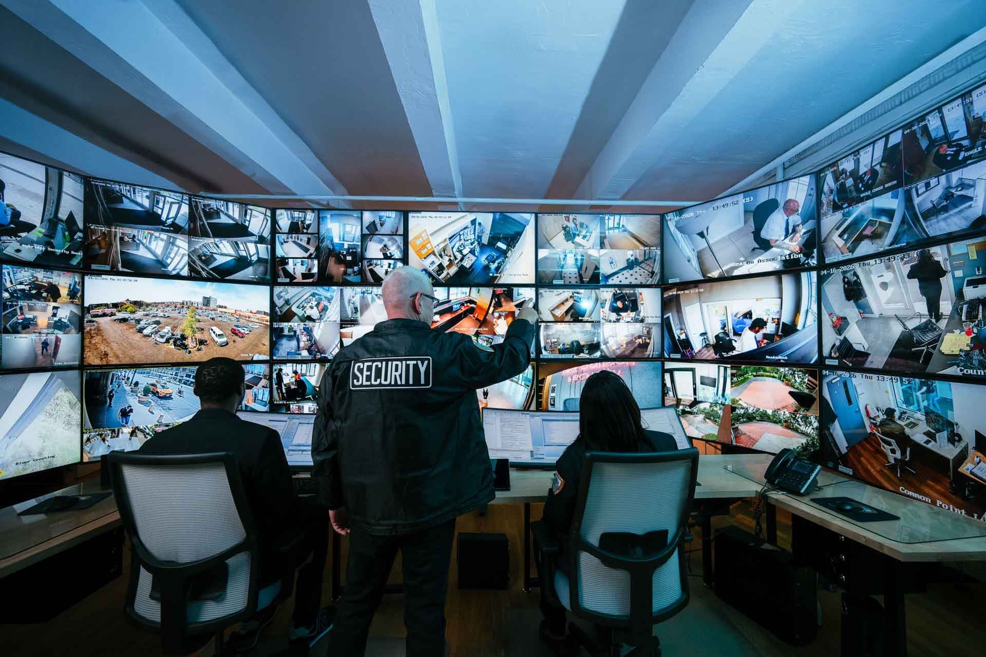 Image of Security USA® supervisor monitoring the command center with data analyst and guards.