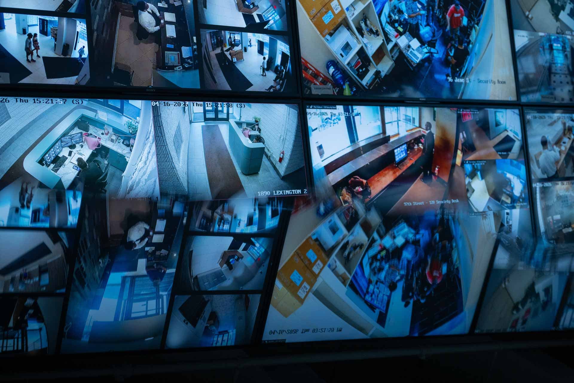Image of CCTV footage on command center monitors.