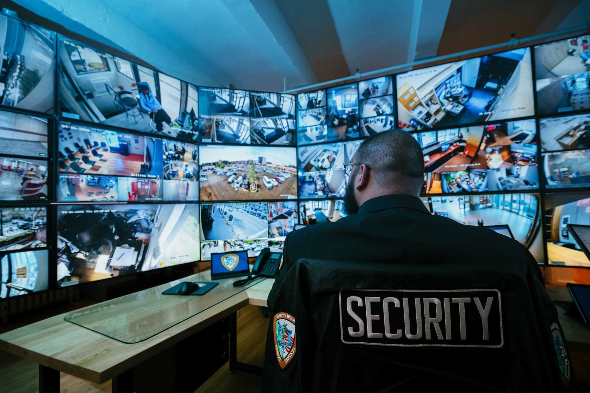Security guard monitoring camera feeds and systems in a command center