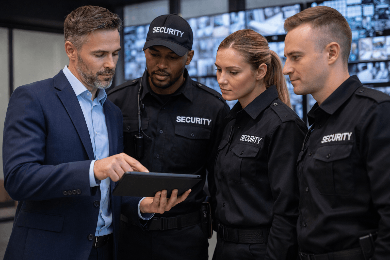 Property manager reviewing security team performance in commercial building lobby.