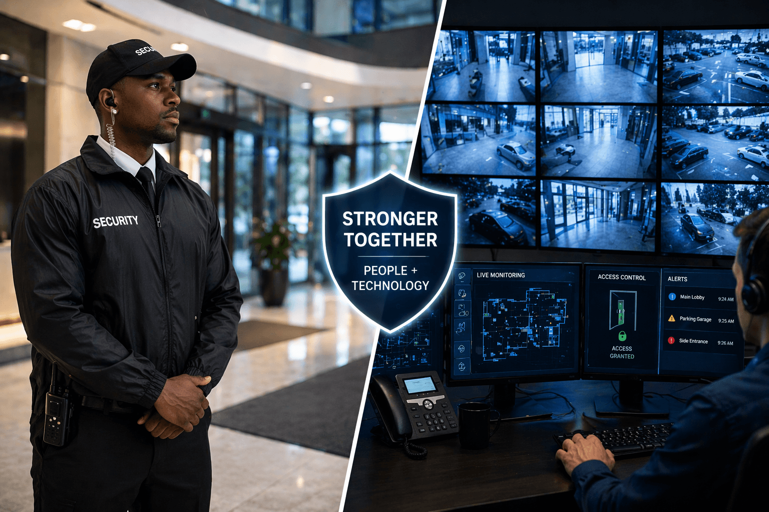 Split view of security guard presence and advanced surveillance technology working together.