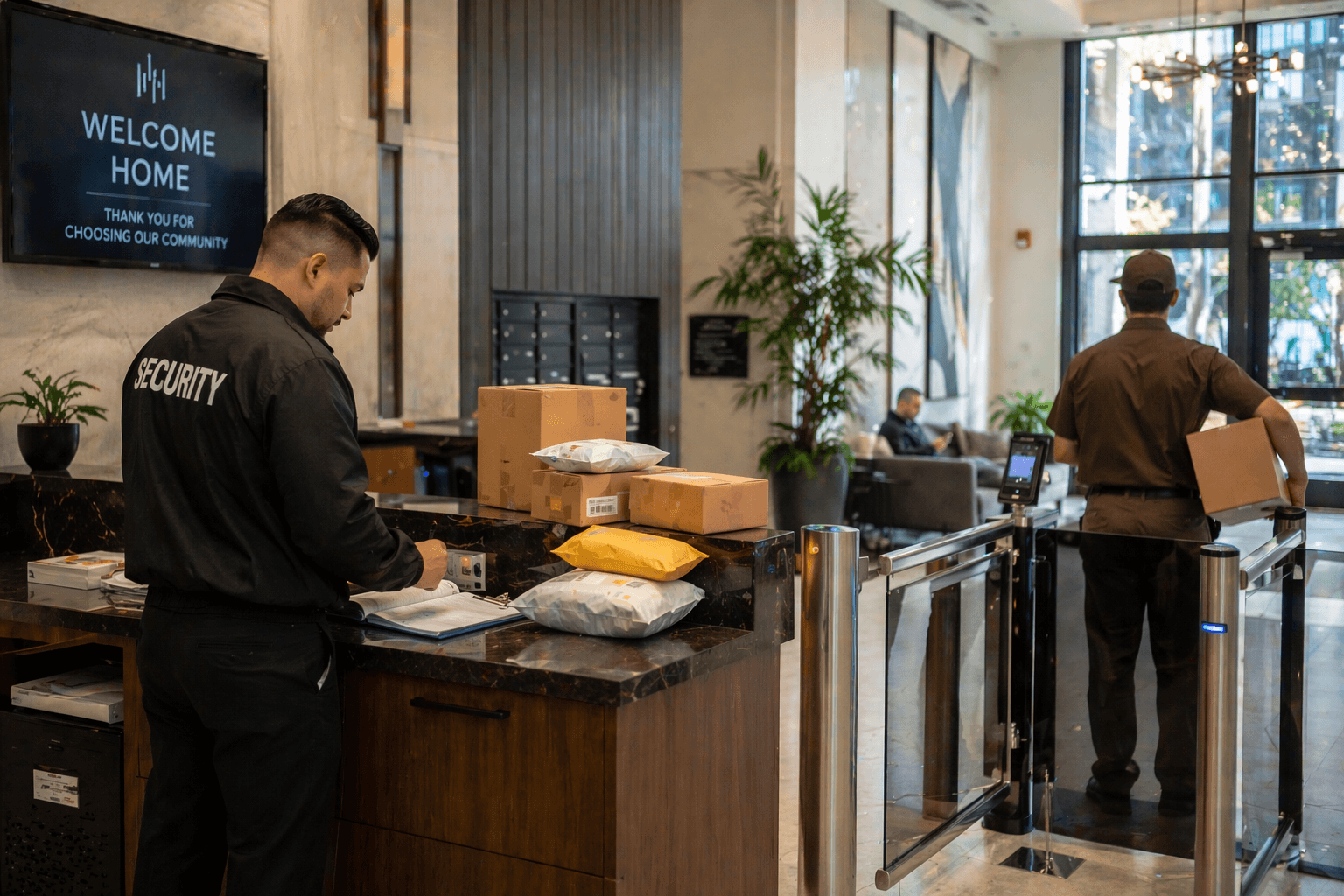 Security staff managing packages and monitoring access in residential building lobby.