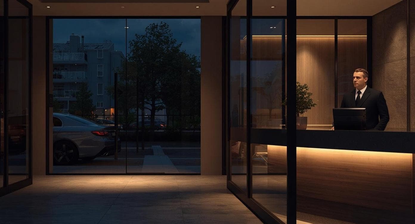 a picture of a security guard protecting a residential building at night