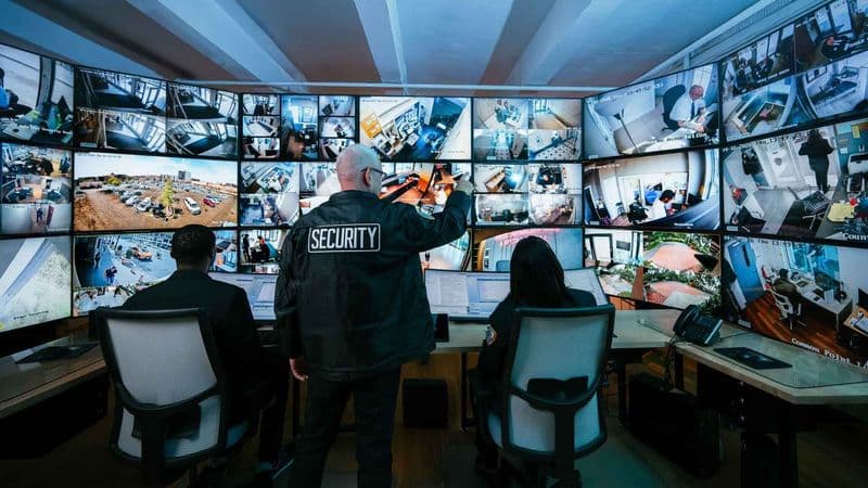 Image of Security USA® security supervisor reviewing daily operations with uniformed security officers in command center.