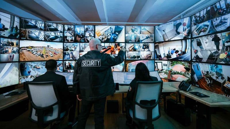 Image of Security USA® security supervisor reviewing daily operations with uniformed security officers in command center.
