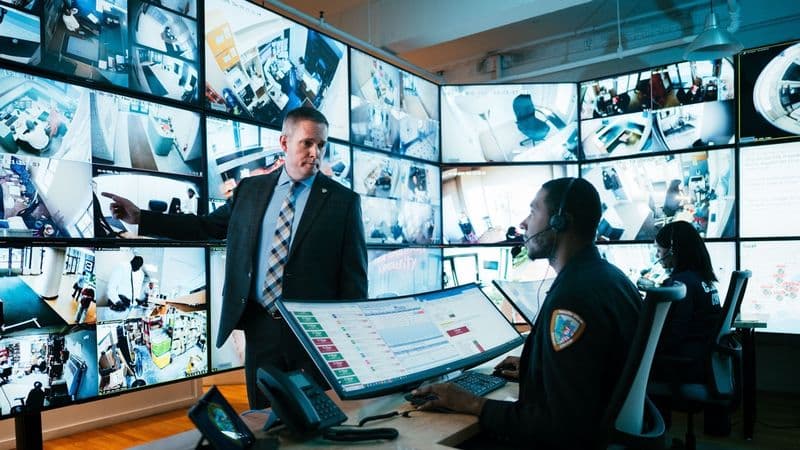 Image of security supervisor reviewing incident reports and live monitoring feeds with security personnel.