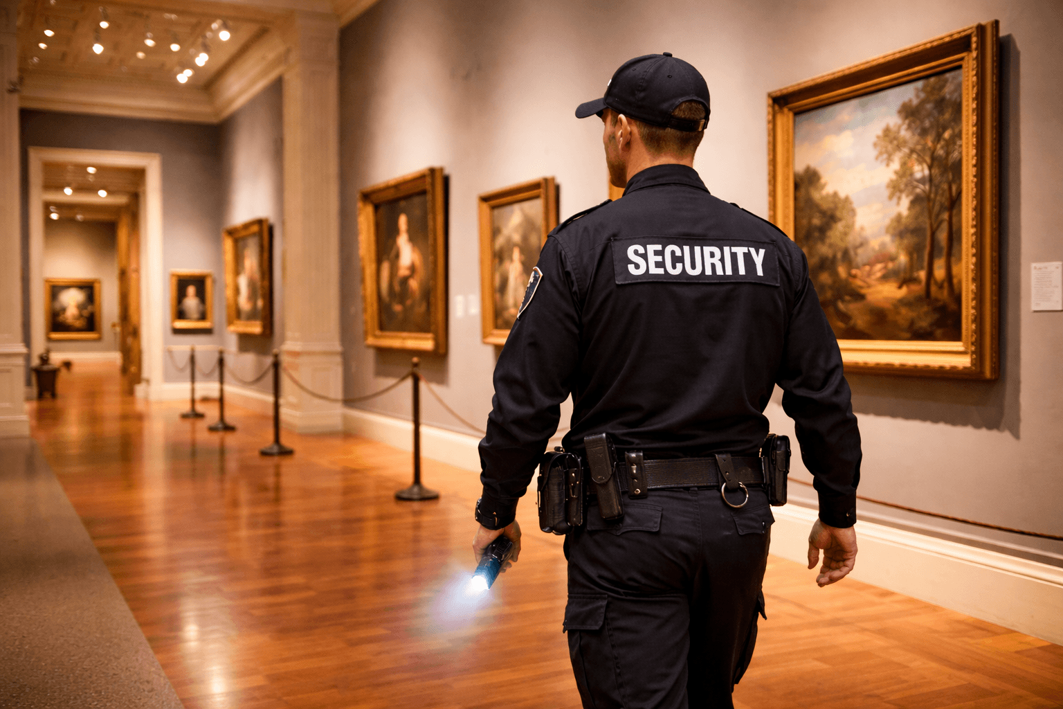Image of a guard on patrol in museum gallery.