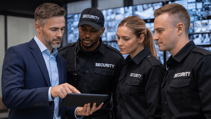 Image of a property manager reviewing security team performance in commercial building lobby.