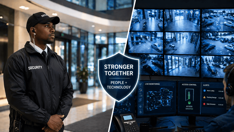 Image of a split view of security guard presence and advanced surveillance technology working together.