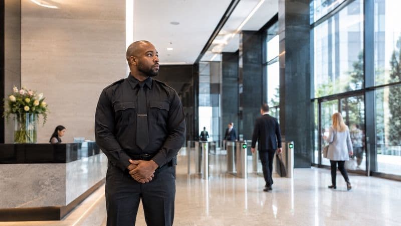 Image of a professional security officer standing in a modern commercial office building lobby with tenants and visitors moving through access points.