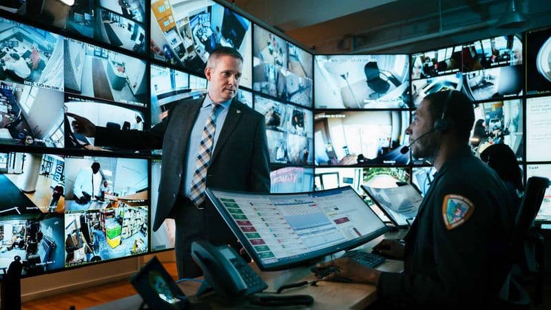 Image of security supervisor reviewing incident reports and live monitoring feeds with security personnel.