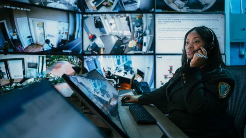 Image of female guard taking a call in the command center.