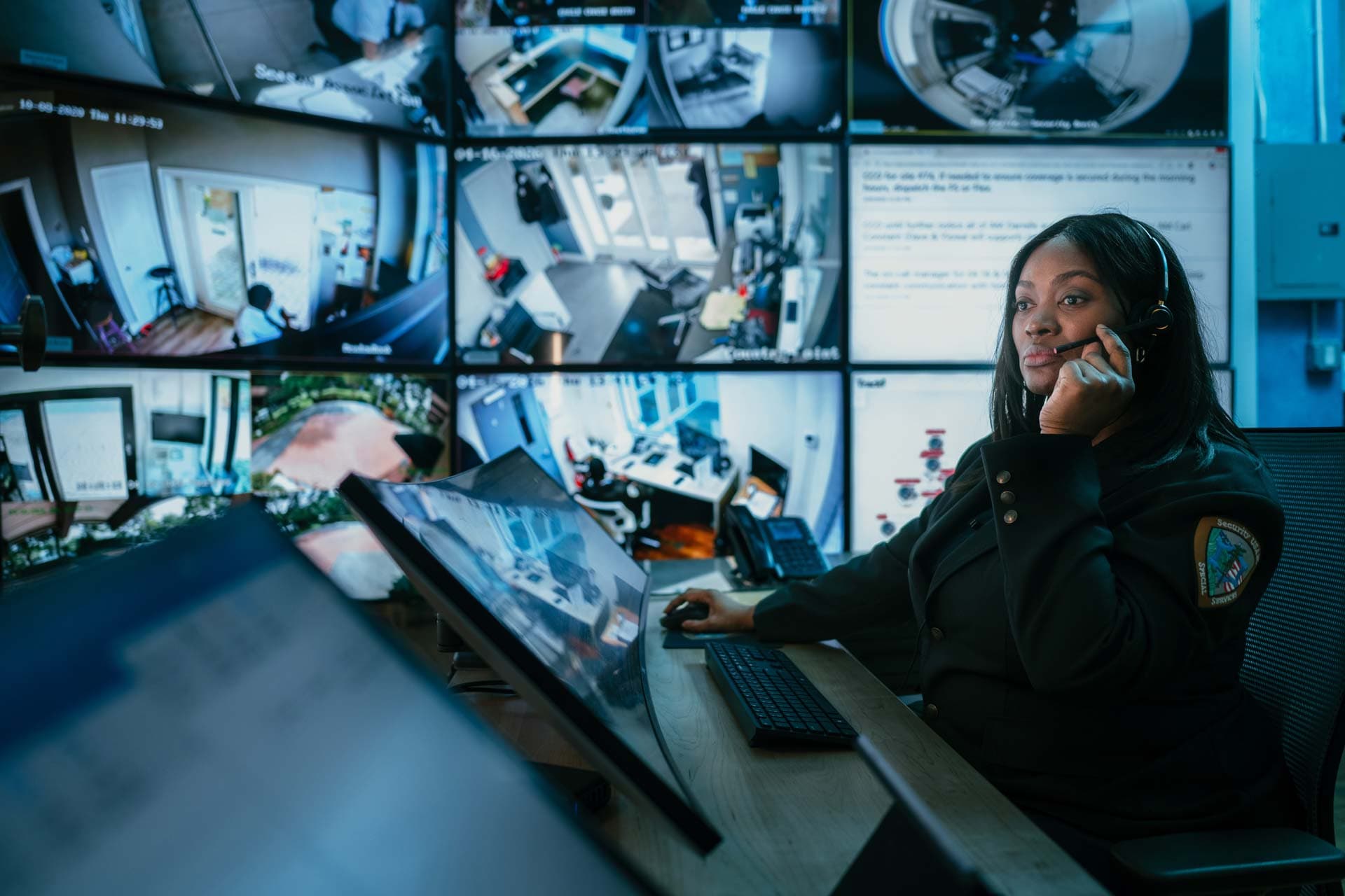 Image of female guard taking a call in the command center.