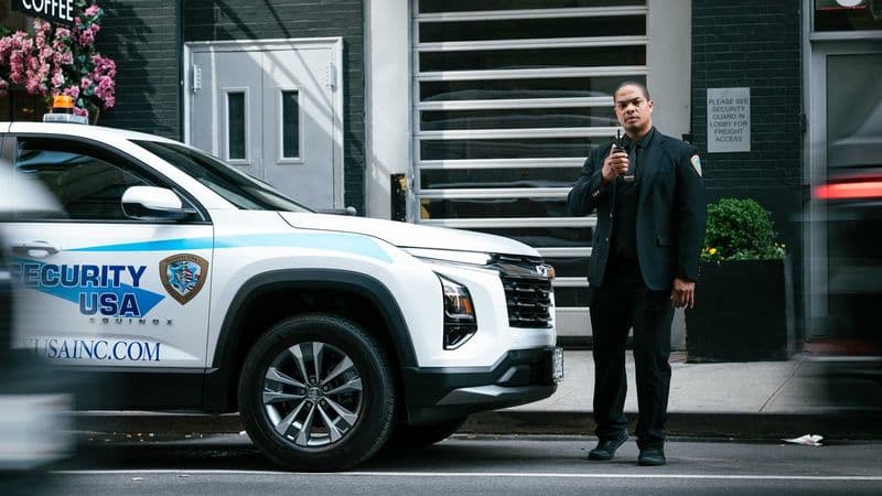 Image of a Security USA® security guard patrolling the perimeter of a commercial building.