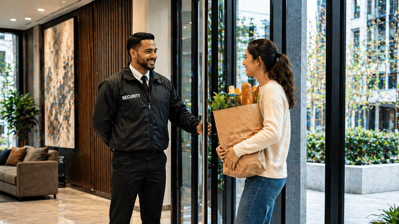 Image of security guard assisting resident in residential building lobby with friendly interaction.