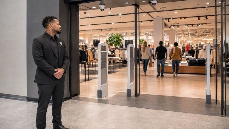 Image of a security guard monitoring the entrance of a modern retail store with shoppers, anti-theft sensors, and visible surveillance cameras.