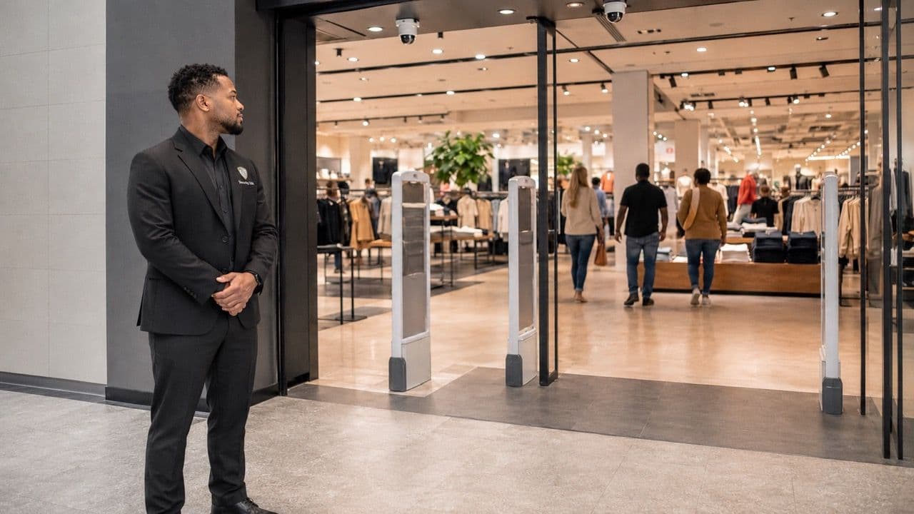 Image of a security guard monitoring the entrance of a modern retail store with shoppers, anti-theft sensors, and visible surveillance cameras.