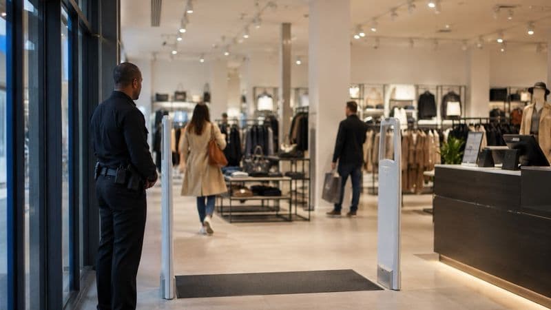 Image of a security guard standing inside a modern retail store near anti-theft gates, shoppers, and visible ceiling security cameras.