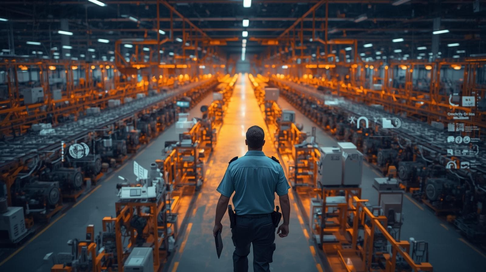 Image of a security guard guarding a manufacturing facility at night.