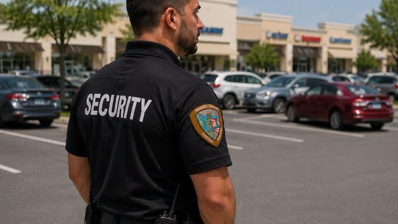 Image of a Security USA® guard monitoring a shopping center parking lot with retail storefronts and parked vehicles in the background.