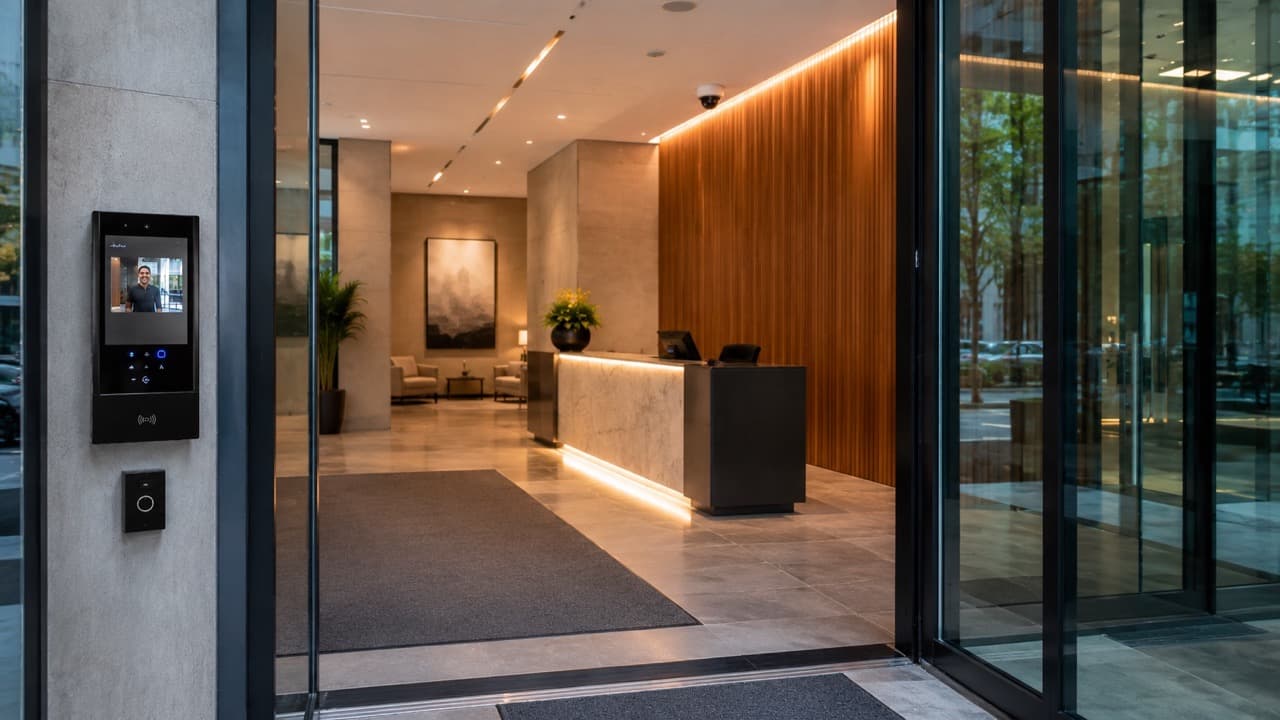 Image of a building lobby entrance with an interactive video intercom system.