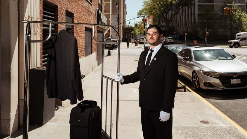 Image of a Security USA® white glove concierge and bell staff pushing a bell cart at a luxury property.